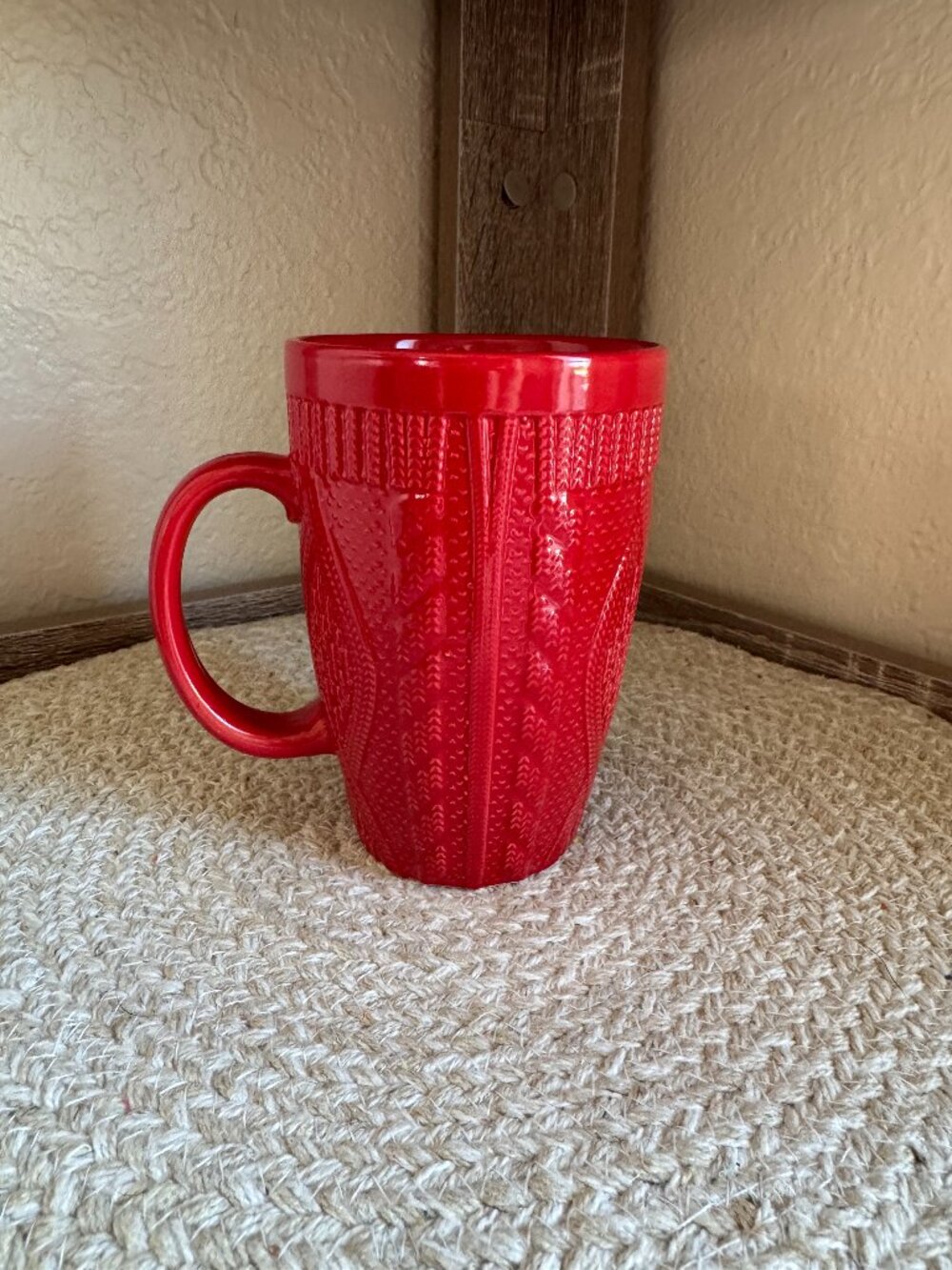 Thoughtfully Red Sweater Knit Embossed Stoneware Coffee Mug Christmas Cup - Picture 1 of 3